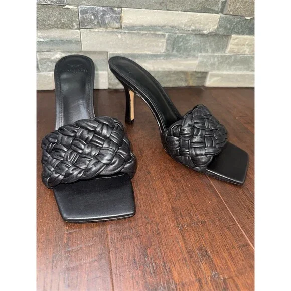 Marc Fisher LTD Sandals Womens Black Woven Braided Slide Mule Square Toe Heel 8 - Picture 1 of 11